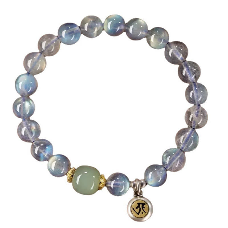 Buddha Stones Chinese Zodiac Natal Buddha 925 Sterling Silver Natural Moonstone Hetian Jade Positive Bracelet