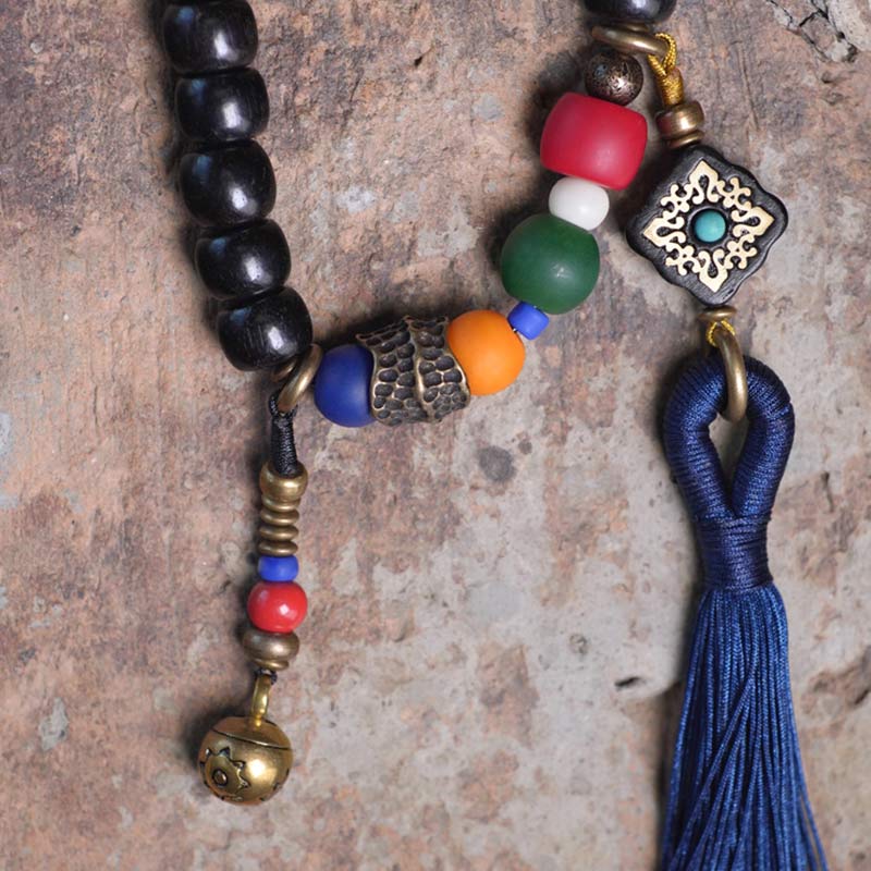 Buddha Stones 108 Beads Mala Ebony Wood Dzi Bead Copper Balance Tassel Bracelet