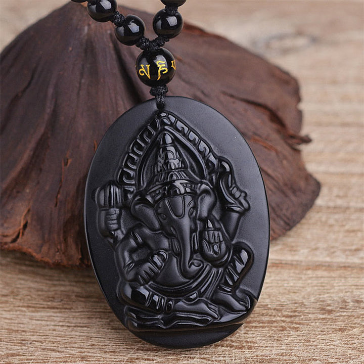 Buddha Stones Tibetan Obsidian Ganesh Ganpati Elephant Wealth Amulet Necklace