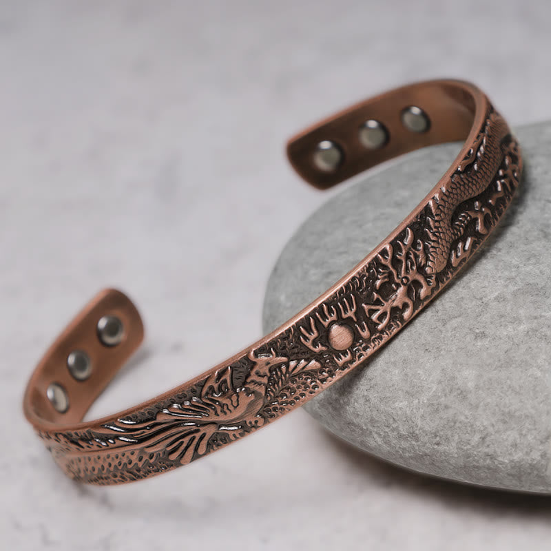 Buddha Stones Dragon Phoenix Magnetic Solid Copper Cuff Bracelet Bangle