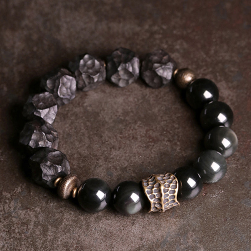 Buddha Stones Black Obsidian Ebony Wood Copper Strength Couple Bracelet