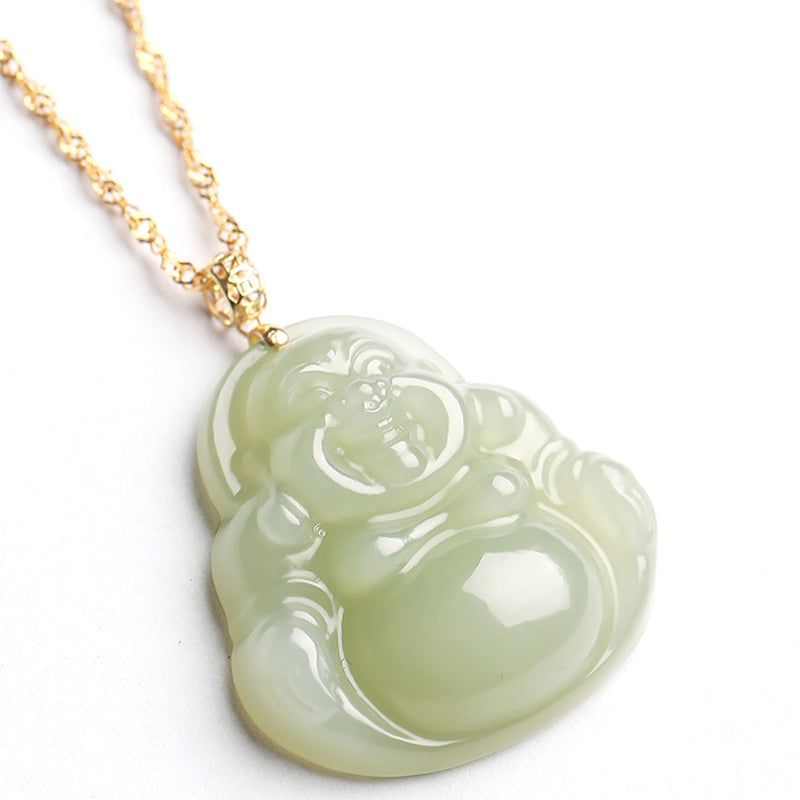 Buddha Stones 925 Sterling Silver Laughing Buddha Cyan Jade 18K Gold Success Necklace Pendant