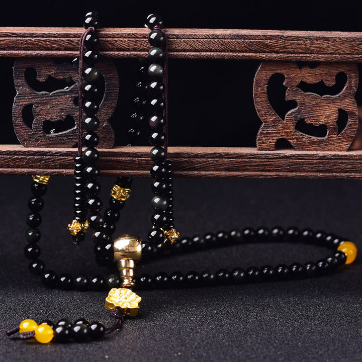 Buddha Stones 108 Beads Natural Black Obsidian Lotus Fulfilment Mala Bracelet