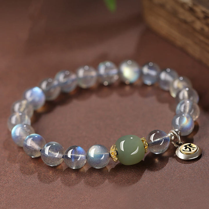 Buddha Stones Chinese Zodiac Natal Buddha 925 Sterling Silver Natural Moonstone Hetian Jade Positive Bracelet