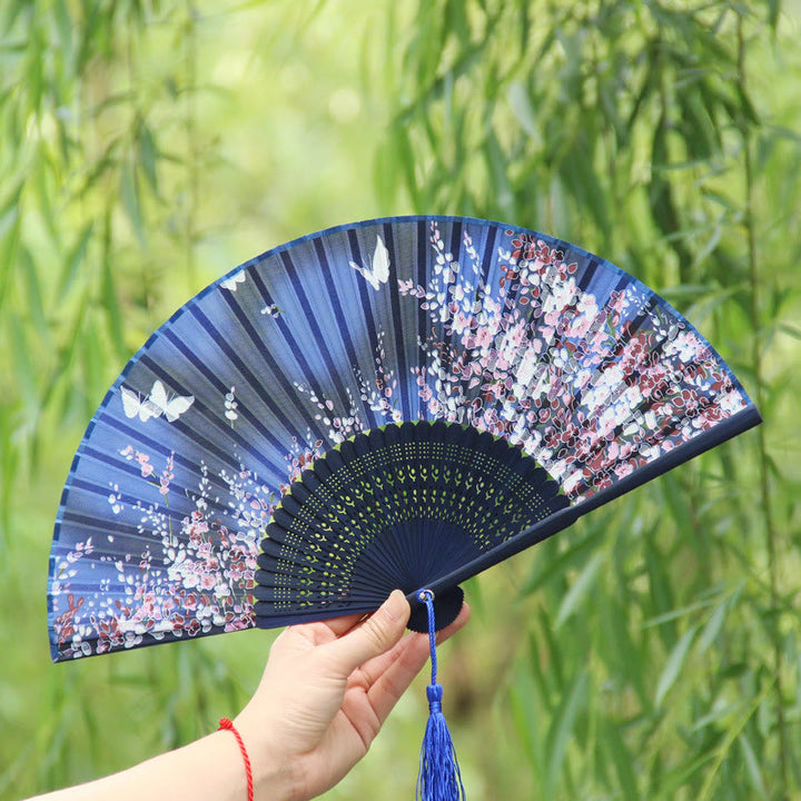 Buddha Stones Butterfly Flowers Handheld Bamboo Folding Fan