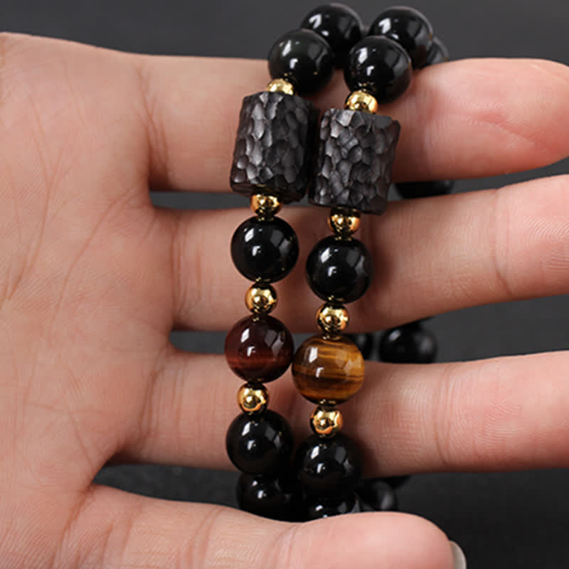 Black Obsidian Ebony Wood Red Tiger Eye Strength Couple Bracelet