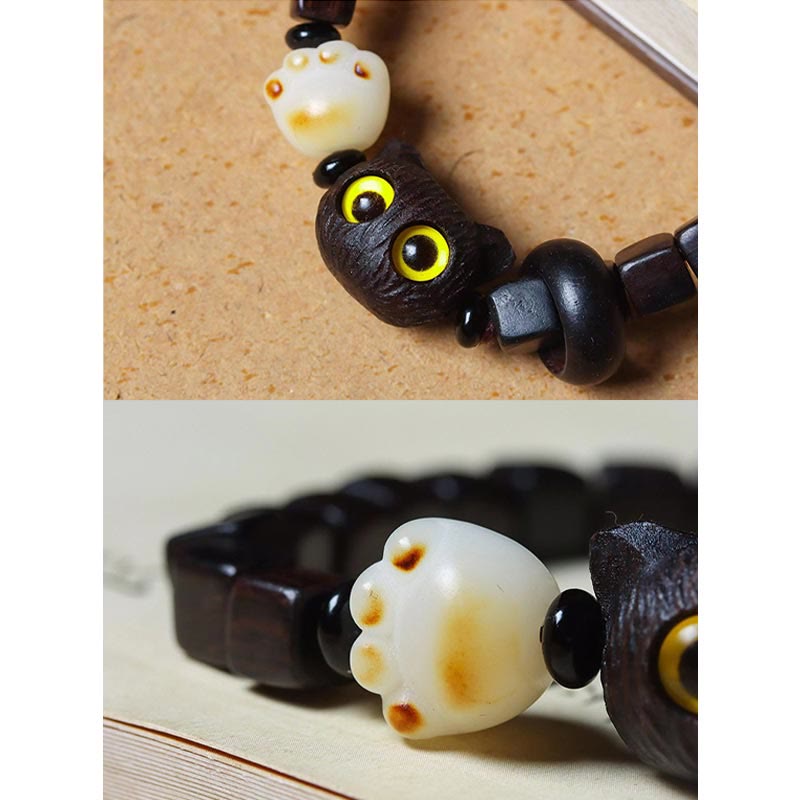 Buddha Stones Ebony Wood Cute Cat Bodhi Seed Paw Claw Square Beads Calm Bracelet