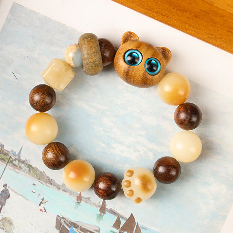 Buddha Stones Natural Bodhi Seed Sandalwood Lucky Cute Cat Head Paw Claw Peace Bracelet