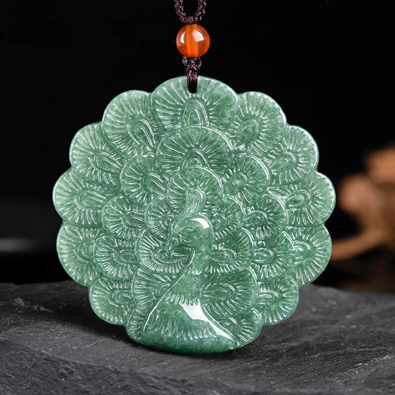 Natural Jade Peacock Luck Prosperity Necklace Pendant