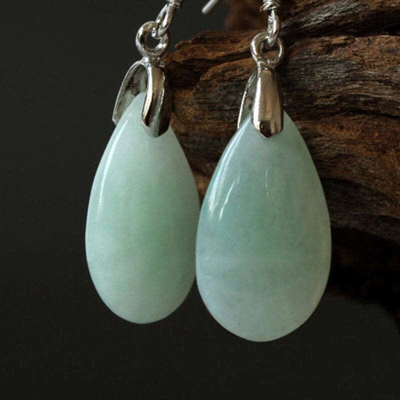 925 Sterling Silver Jade Water Drop Luck Dangle Earrings