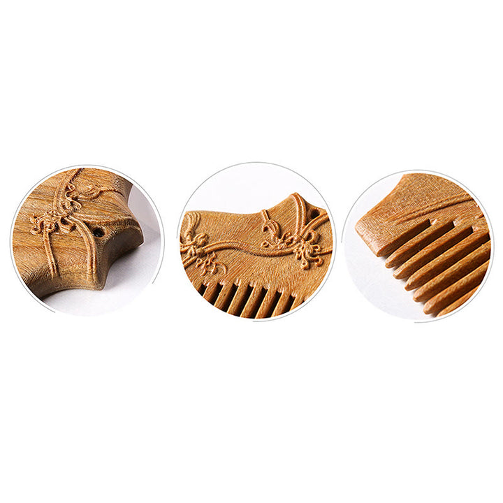 Buddha Stones Green Sandalwood Flower Pattern Engraved Soothing Comb