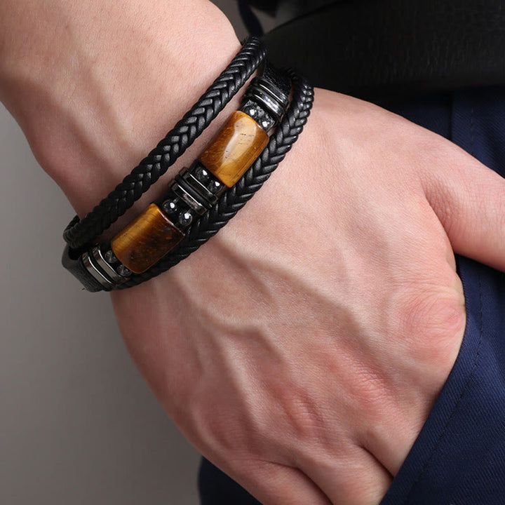 Buddha Stones Tiger Eye Power Magnetic Buckle Multilayered Leather Bracelet