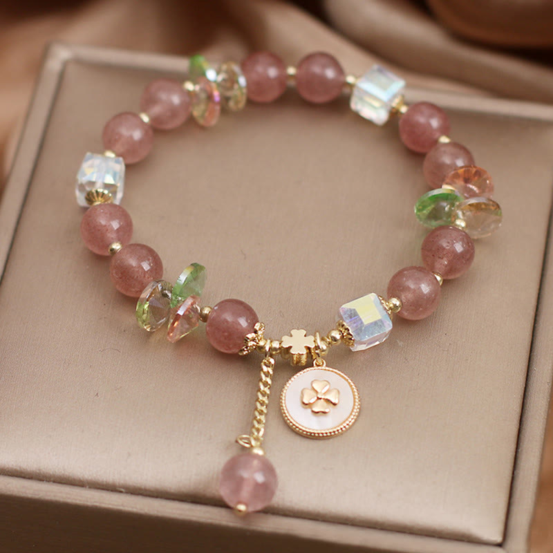 Buddha Stones Strawberry Quartz Lucky Four Leaf Clover Healing Charm Bracelet