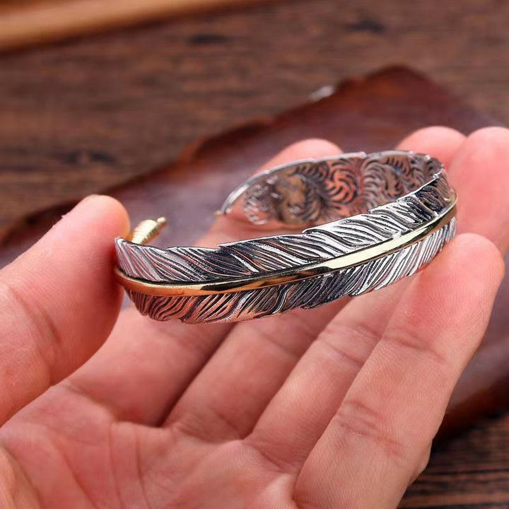 Buddha Stones Feather Pattern Carved Luck Wealth Cuff Bracelet Bangle