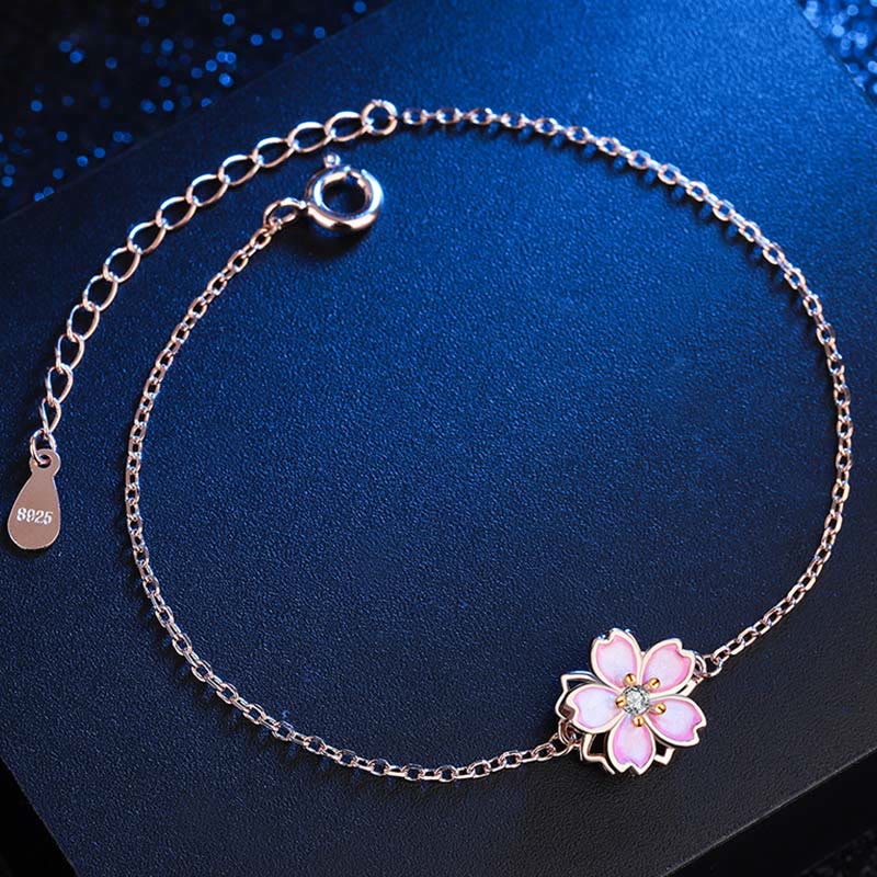 Buddha Stones 925 Sterling Silver Cherry Blossom Blessing Chain Bracelet Rotatable Ring