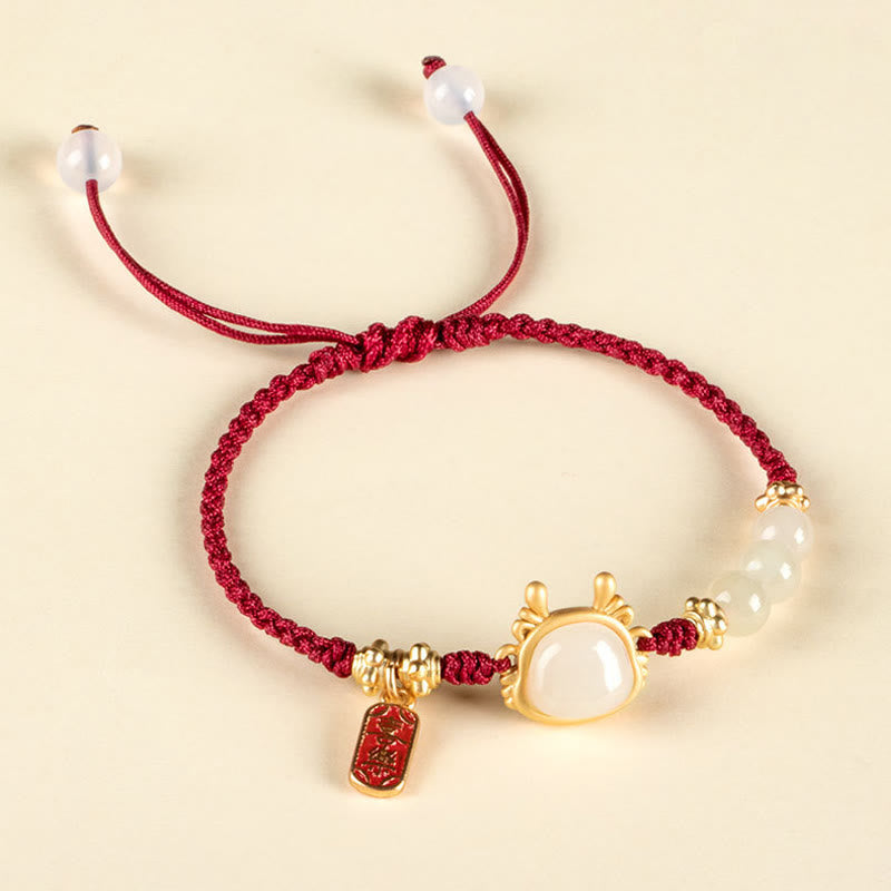 Buddha Stones Year of the Dragon Hetian White Jade Fu Character Peace And Joy Protection Bracelet