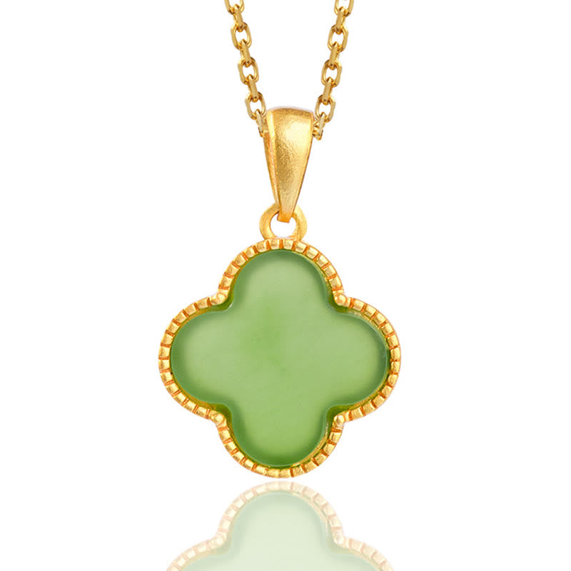 Buddha Stones 925 Sterling Silver Natural Hetian Jade Luck Four Leaf Clover Necklace Pendant