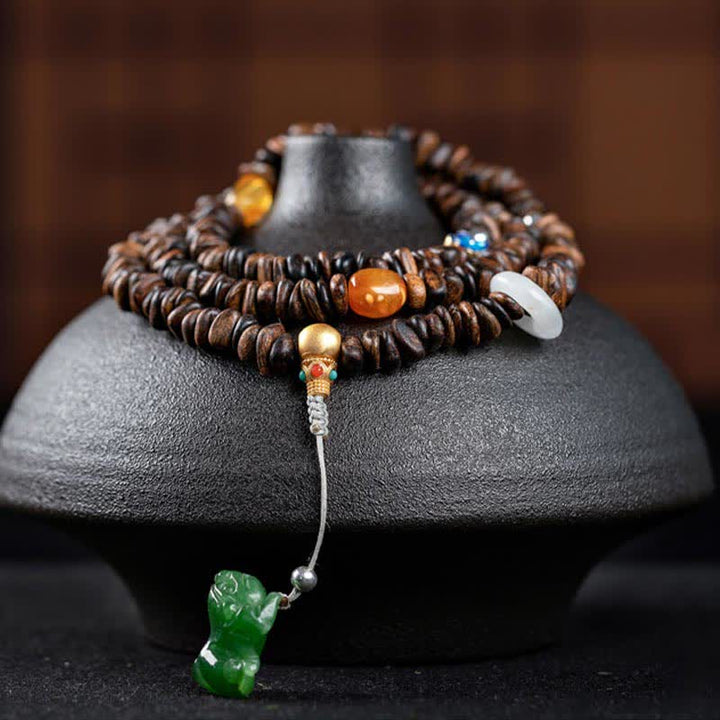 Buddha Stones 108 Mala Beads 925 Sterling Silver Brunei Agarwood Red Agate PiXiu Hetian Jade Peace Strength Bracelet