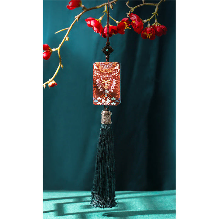 Buddha Stones Handmade Elk Deer Ebony Wood Balance Tassel Car Hanging Decoration