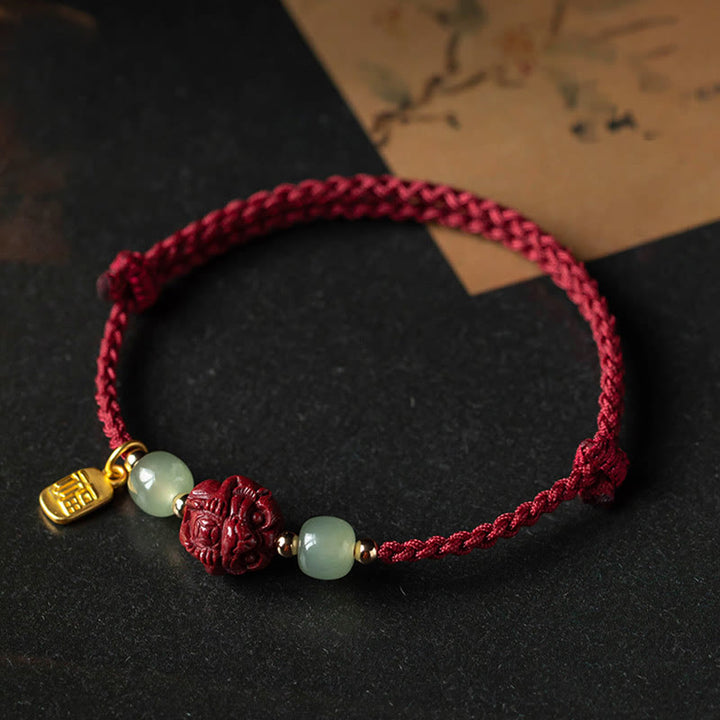 Buddha Stones Natural Cinnabar Chinese Zodiac Hetian Jade Fu Character Luck Rope Bracelet