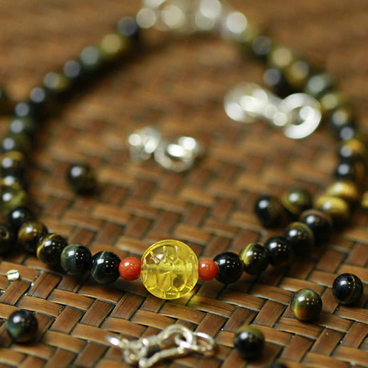 925 Sterling Silver Tibetan Tiger's Eye Amber Stone Protection Bracelet