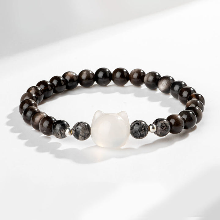 Buddha Stones Natural Silver Sheen Obsidian Cute Cat Head Protection Bracelet