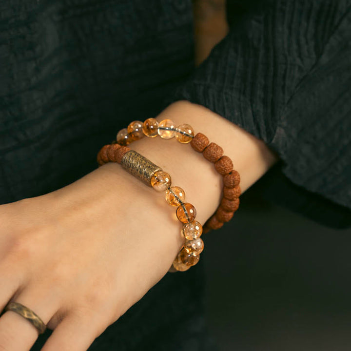 Buddha Stones Natural Citrine Crystal Rudraksha Bodhi Seed Brass Bead Prosperity Double Wrap Bracelet