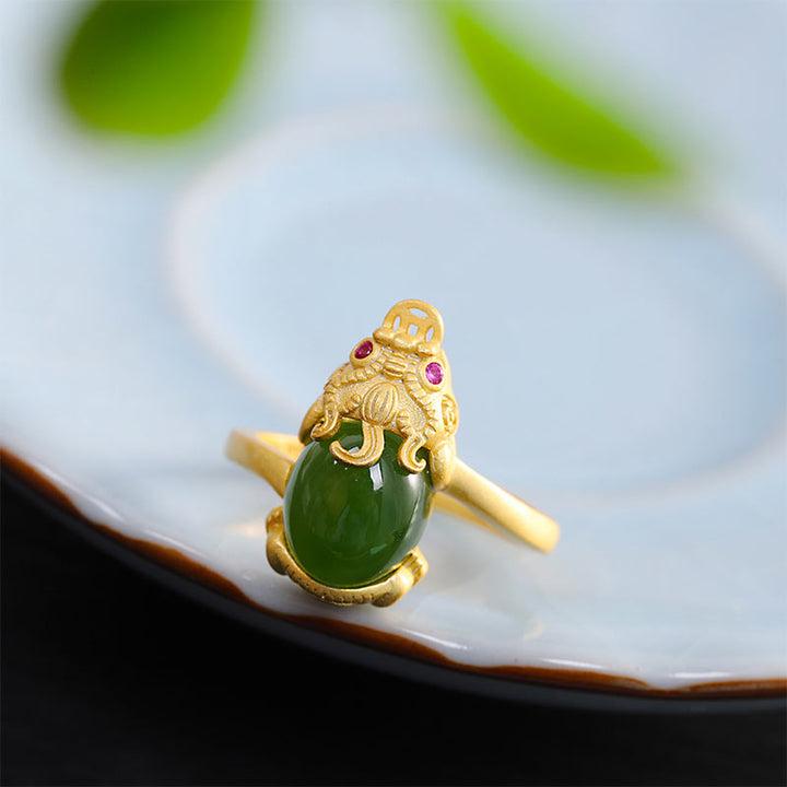 Buddha Stones 18k Gold-plated Pixiu Jade Wealth Ring