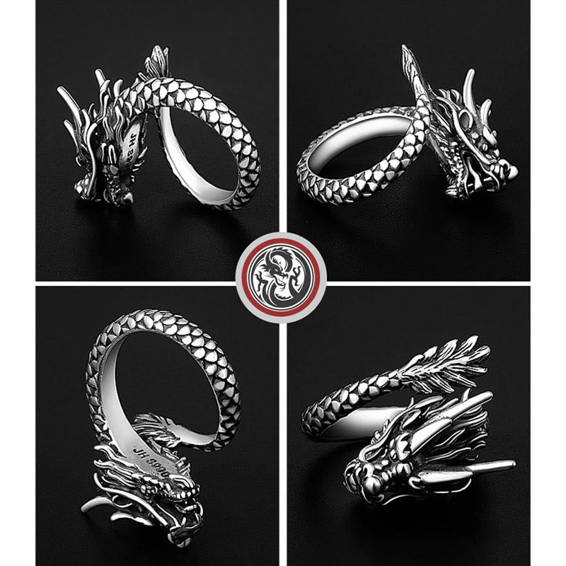 Buddha Stones 990 Sterling Silver Vintage Dragon Design Luck Protection Strength Adjustable Ring