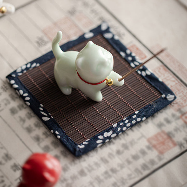 Buddha Stones Mini Lucky Cat Kitten Tea Pet Ceramic Home Desk Figurine Decoration With Bamboo Mat