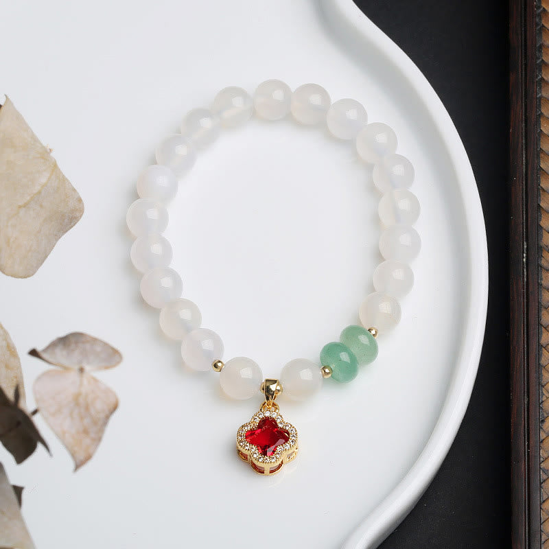 Buddha Stones Natural White Agate Red Agate Money Bag Fu Character Four Leaf Clover Protection Bracelet