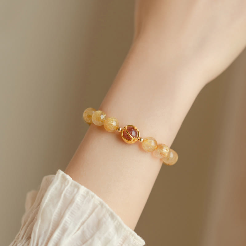 Buddha Stones Golden Rutilated Quartz Strawberry Quartz Star Protection Bracelet