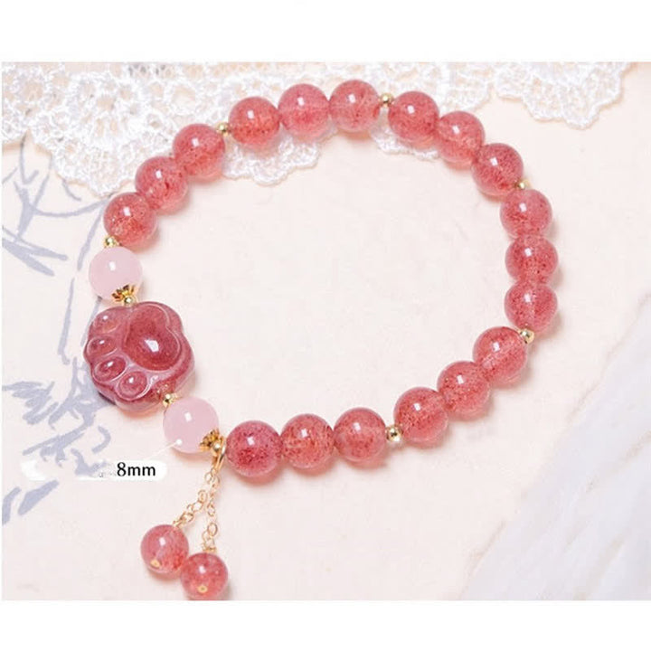 Buddha Stones Natural Strawberry Quartz Pink Crystal Lucky Cat Paw Love Bracelet