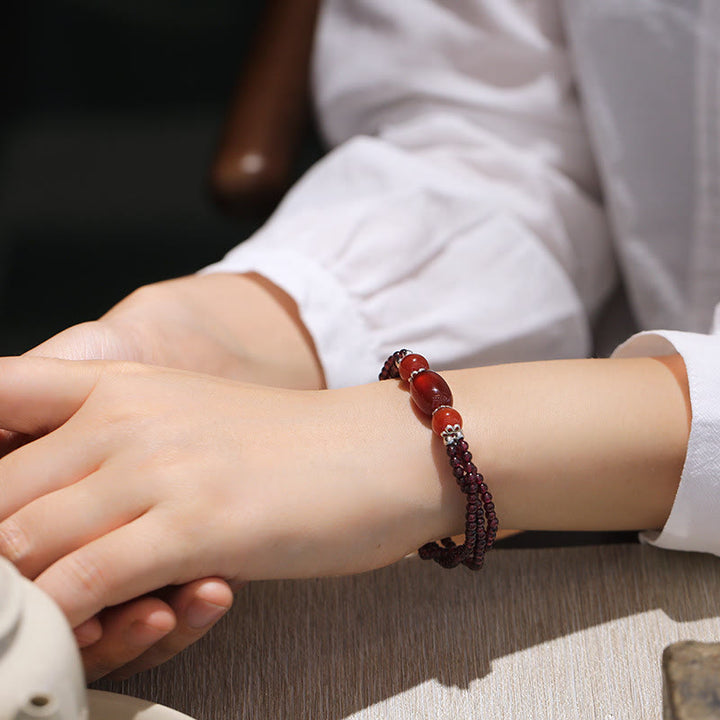 Buddha Stones Natural Garnet Red Agate Protection Triple Layer Bracelet