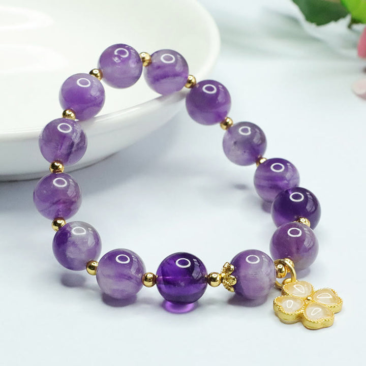 Buddha Stones Natural Amethyst Crystal Inner Peace Four Leaf Clover Charm Bracelet