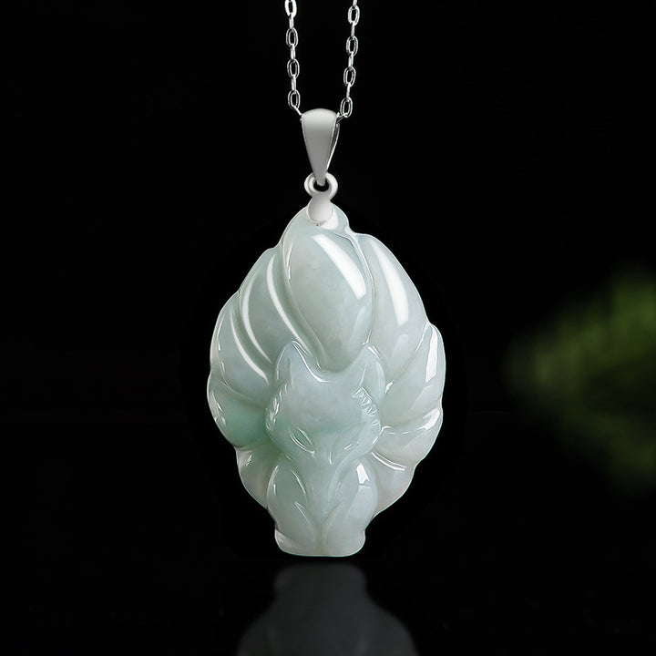 Buddha Stones 925 Sterling Silver Natural Jade Nine Tailed Fox Prosperity Necklace Pendant