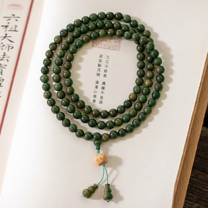 Buddha Stones 108 Mala Beads Green Sandalwood Boxwood Lotus Positive Bracelet