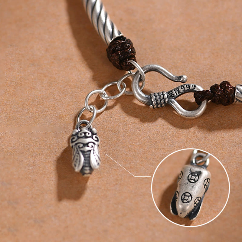 999 Sterling Silver Bamboo Pattern Cicada Luck Wealth Bracelet