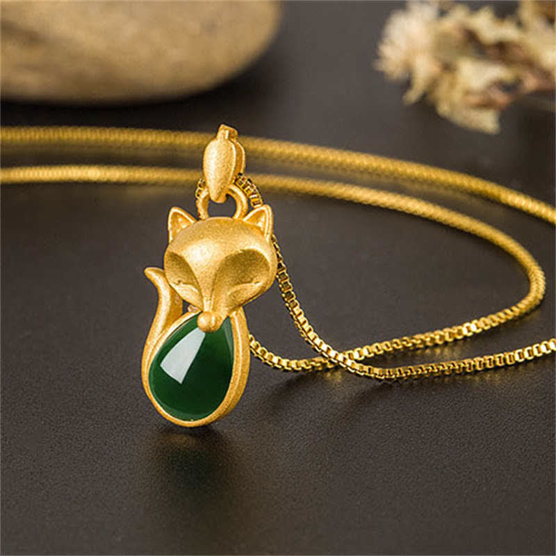 Buddha Stones Green Chalcedony Fox Pattern Courage Necklace Pendant