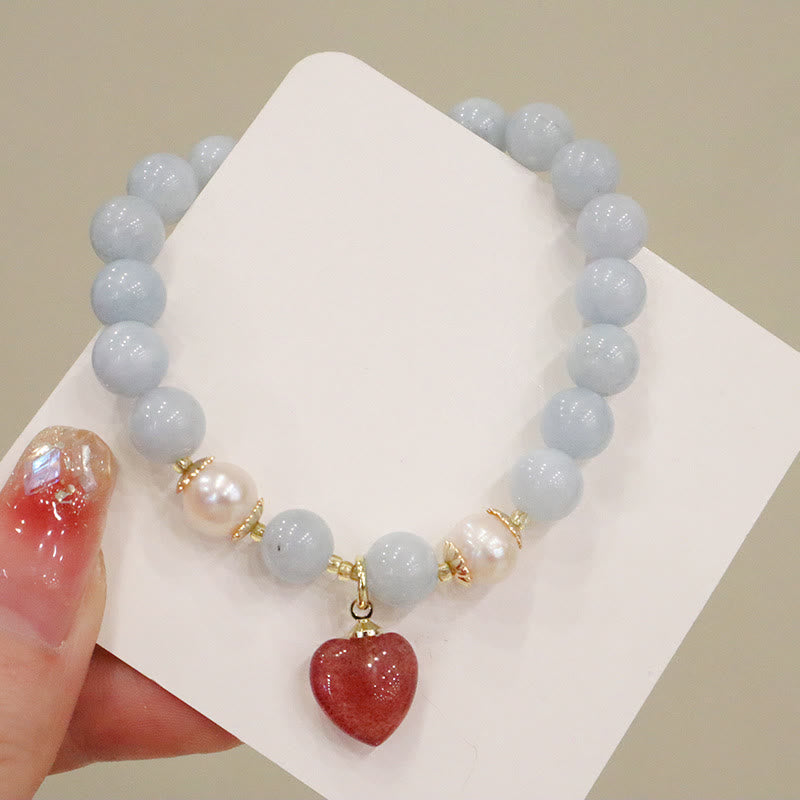 Buddha Stones Natural Aquamarine Chalcedony Serenity Rabbit Gourd Cat Charm Bracelet