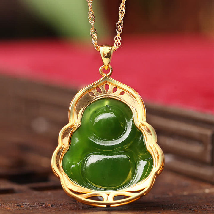 925 Sterling Silver Natural Hetian Cyan Jade Laughing Buddha 18K Gold Healing Necklace Chain Pendant