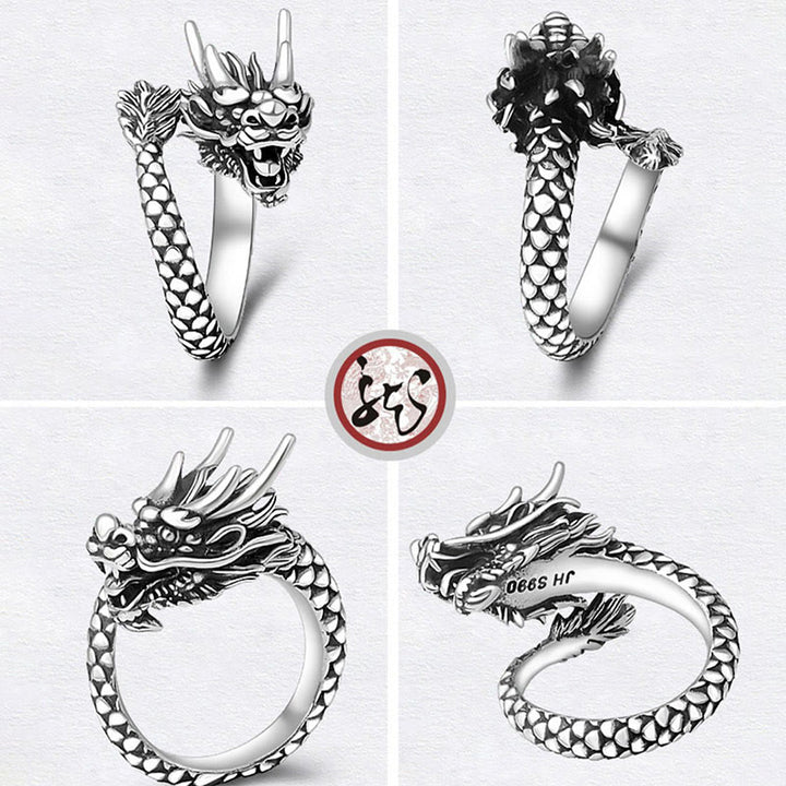 Buddha Stones 990 Sterling Silver Vintage Dragon Design Luck Protection Strength Adjustable Ring