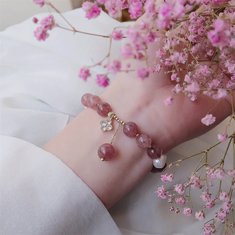 Buddha Stones Natural Strawberry Quartz Pearl Four Leaf Clover Love Bracelet