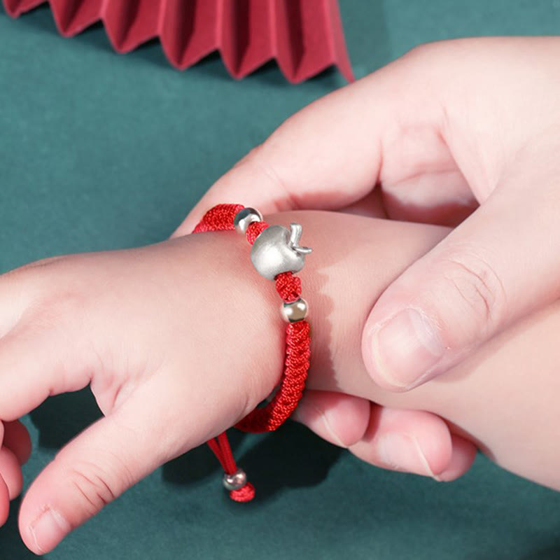 Buddha Stones 999 Sterling Silver Apple Red Multicolored Rope Luck Protection Handcrafted Kids Bracelet