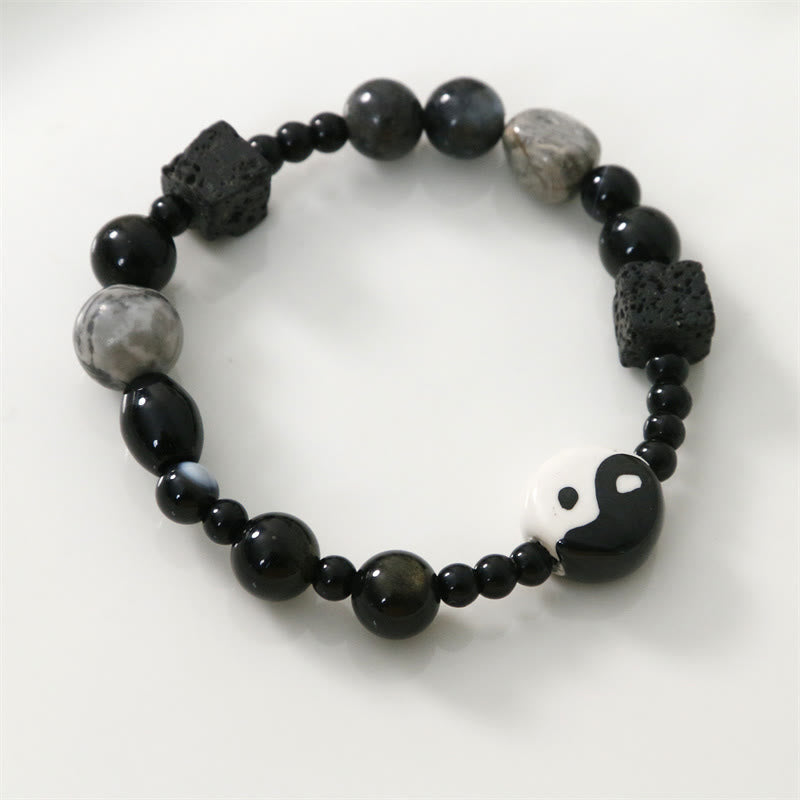 Buddha Stones Black Onyx Picasso Jasper Bead Yin Yang Fortune Protection Bracelet