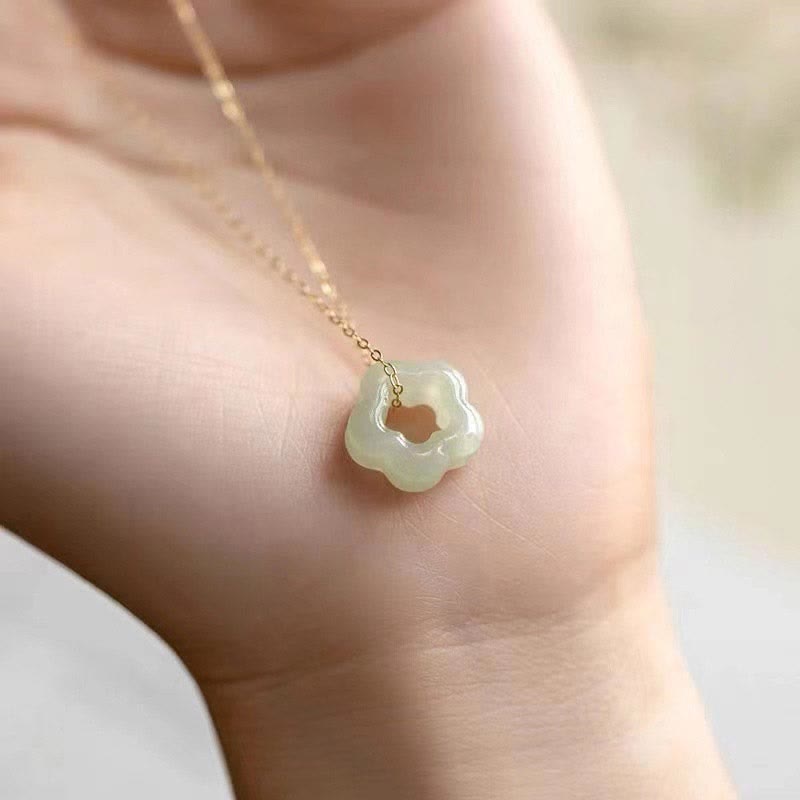 Buddha Stones Dainty Hetian Jade Cyan Jade Luck Floral Charm Necklace Pendant