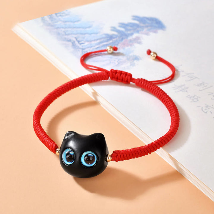 Buddha Stones Ebony Wood Cat Head Pattern Peace King Kong Knot Braided Bracelet