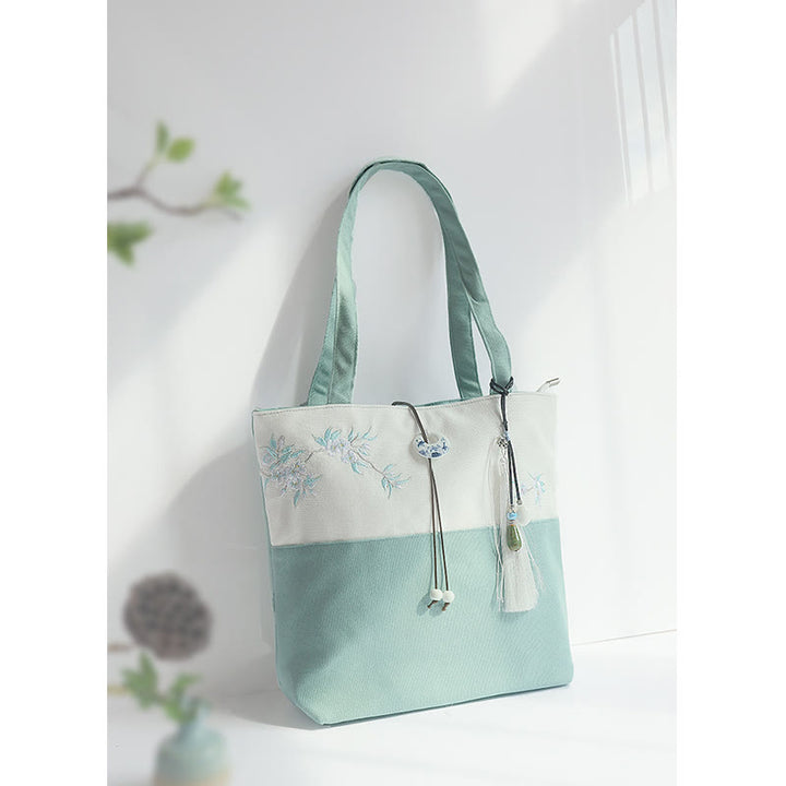 Pear Flower Plum Peach Blossom Bamboo Embroidery Canvas Large Capacity Shoulder Bag Tote Bag