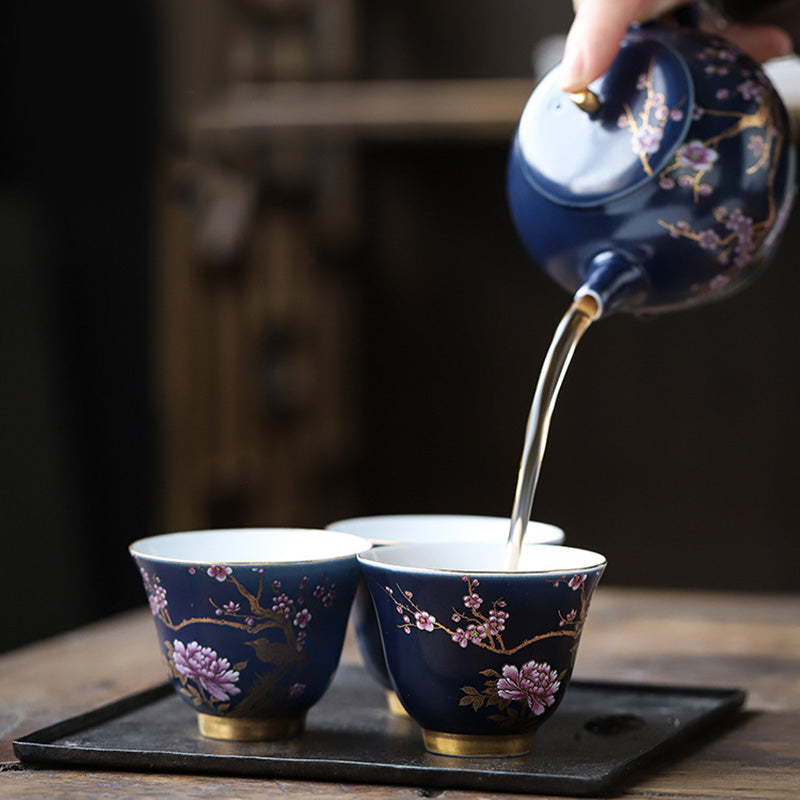 Buddha Stones Golden Magpie Peony Flower Ceramic Teacup Kung Fu Tea Cup