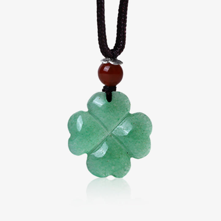 Buddha Stones 925 Sterling Silver Green Aventurine Four Leaf Clover Luck Leather Rope Necklace Pendant